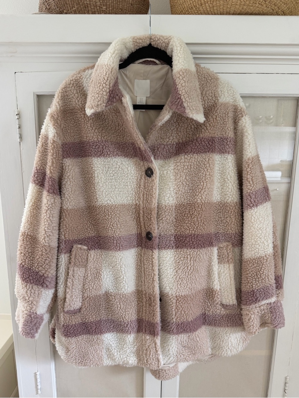 sherpa teddy coat in taupe cream mauve
